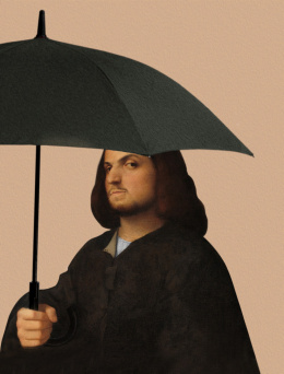 Gemälde auf Leinwand gedruckt. Ein Mann mit einem Regenschirm.